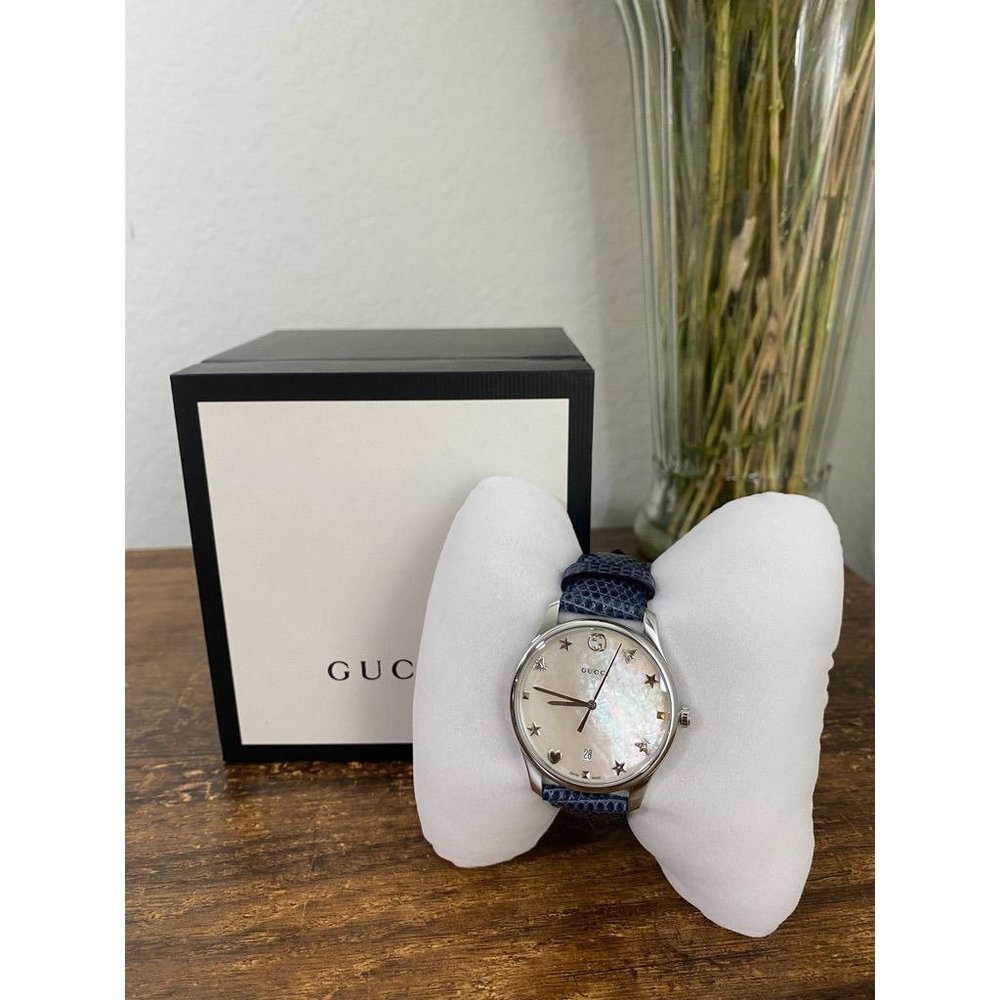 New Gucci G-Timeless Mother of Pearl Dial Blue Lea